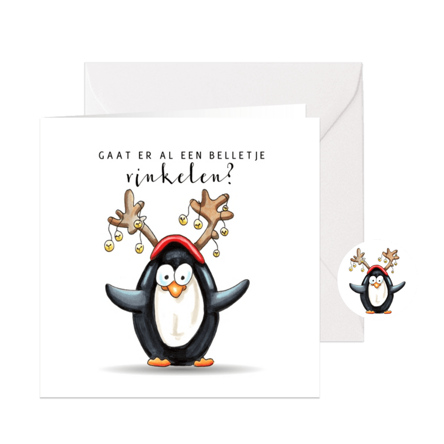 Kerstkaart pinguïn met belletjes - Kaartimpressie