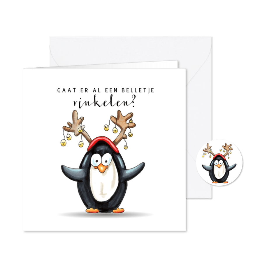 Kerstkaart pinguïn met belletjes - Kaartimpressie