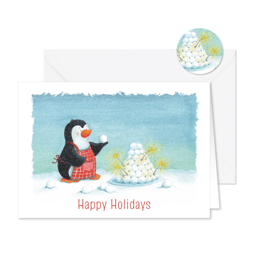 Kerstkaart pinguïn met soesjes toren - Kaartimpressie