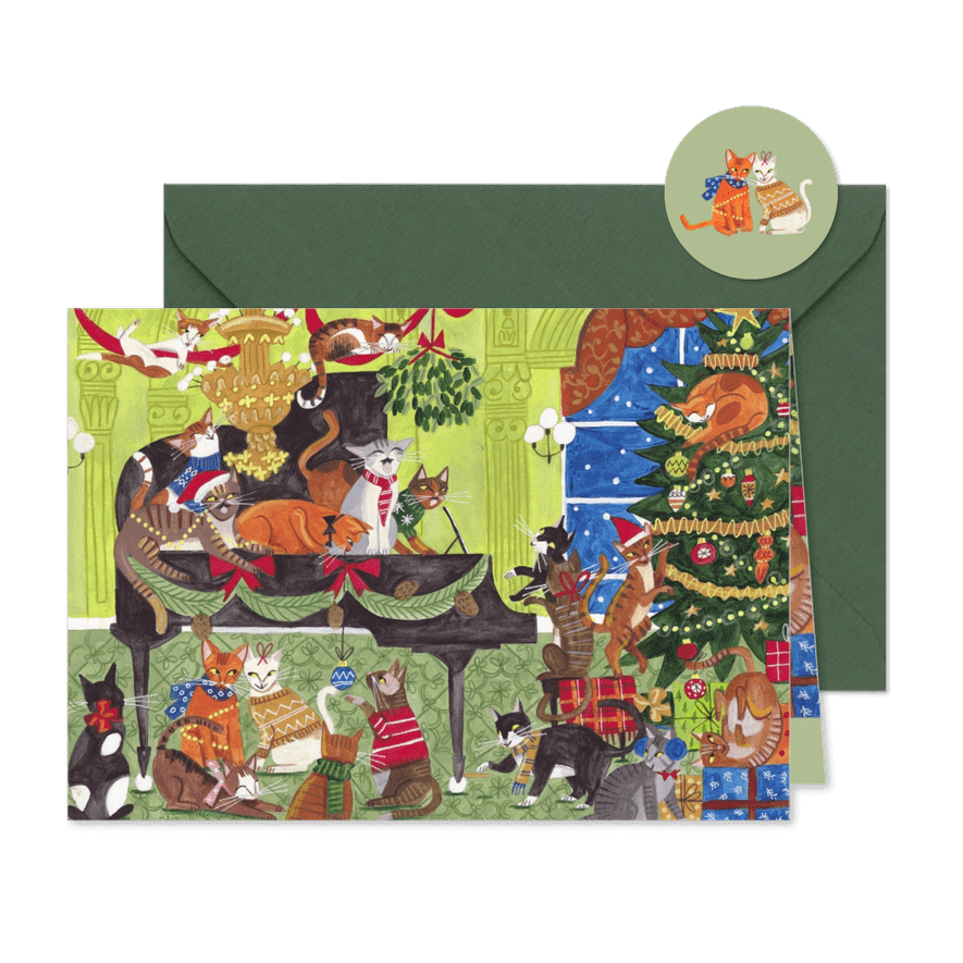 Kerstkaart poezen piano muziek kerstboom - Kaartimpressie