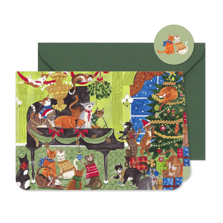 Kerstkaart poezen piano muziek kerstboom - Kaartimpressie