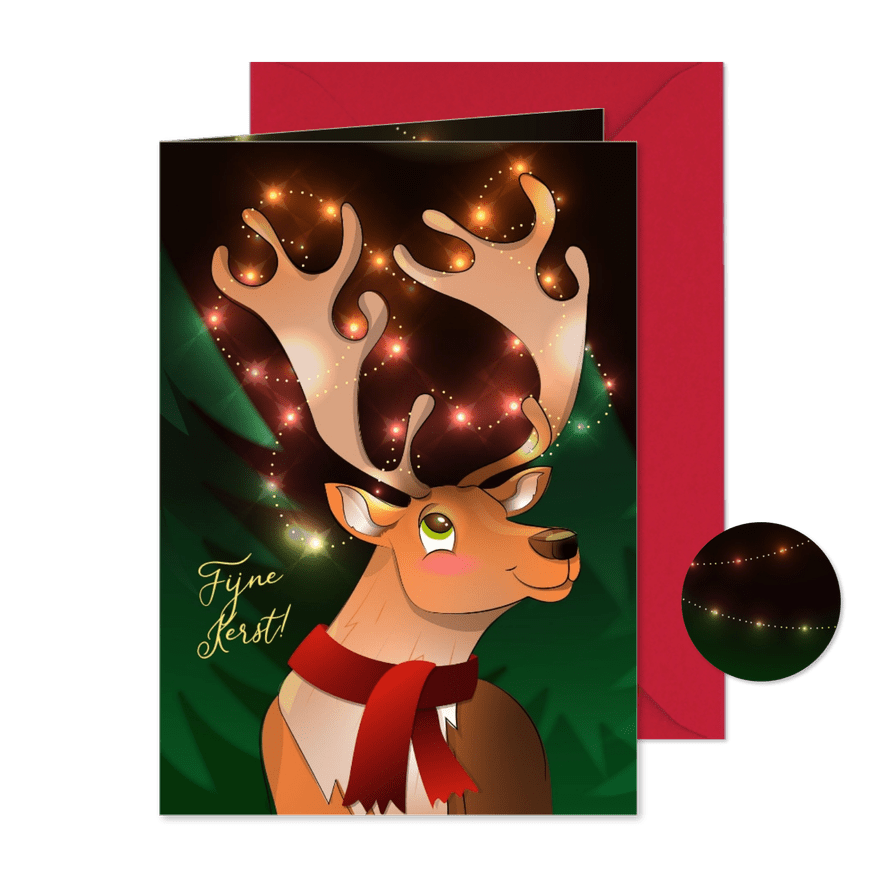 Kerstkaart prachtige illustratie rendier met lichtjes - Kaartimpressie