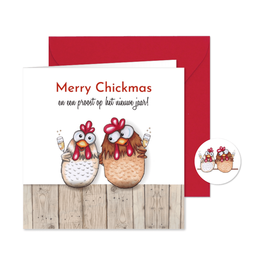 Kerstkaart proostende kippen - Kaartimpressie