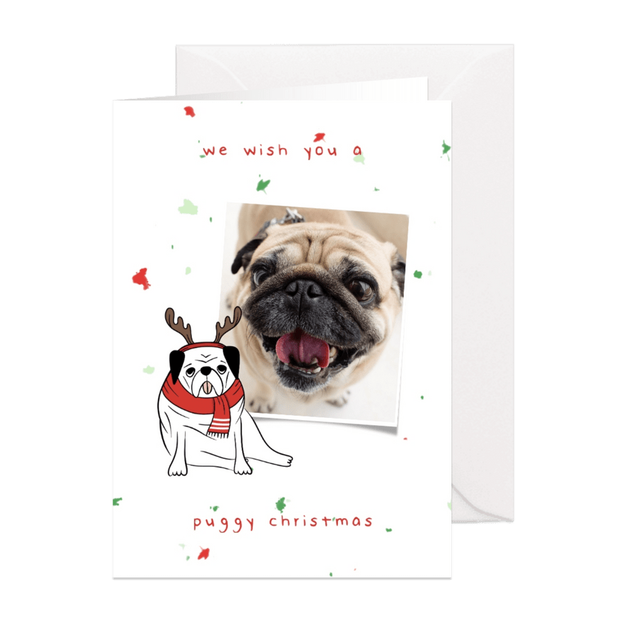 Kerstkaart puggy christmas humor met confetti - Kaartimpressie