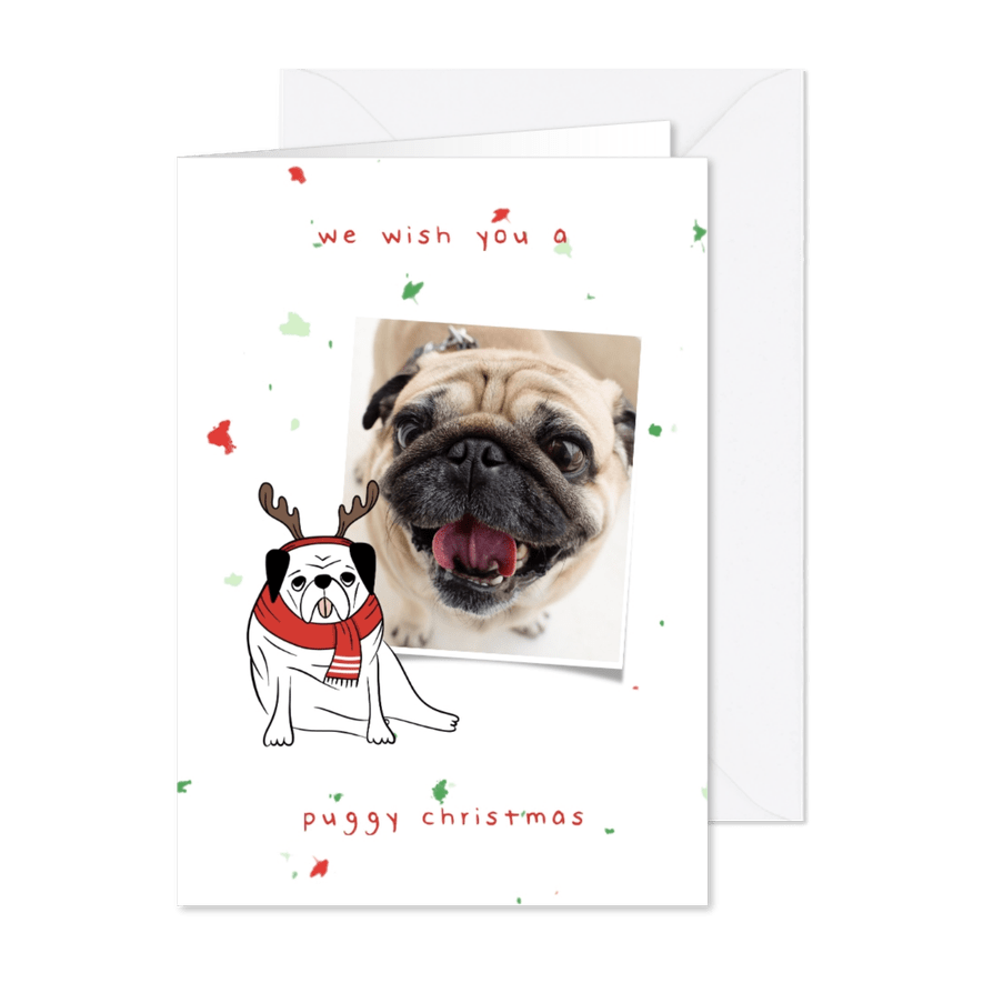 Kerstkaart puggy christmas humor met confetti - Kaartimpressie