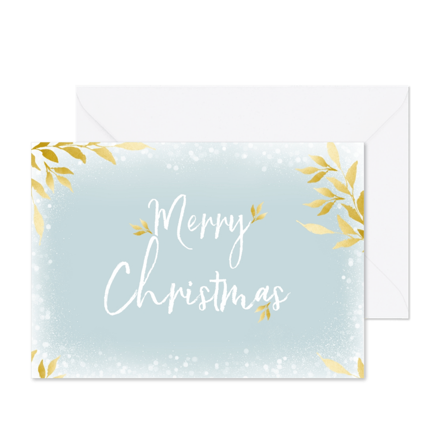 Kerstkaart rechthoek Merry Christmas en gouden blaadjes - Kaartimpressie