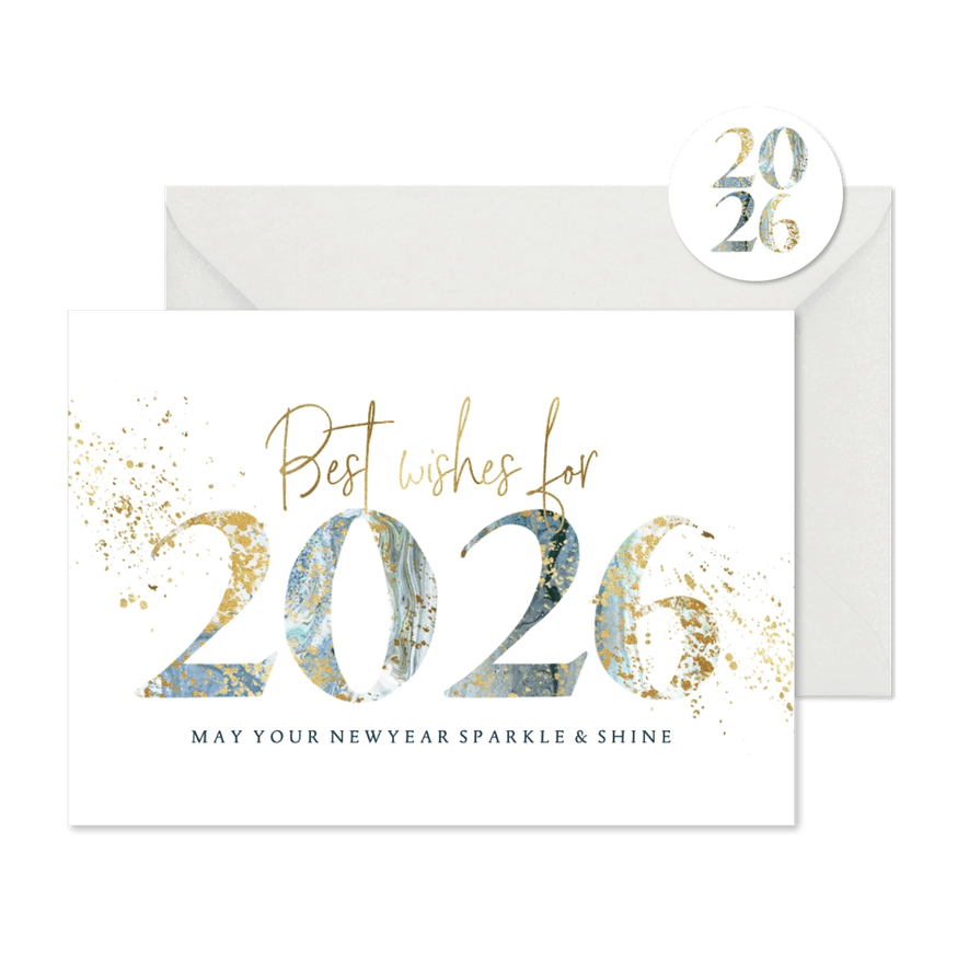 Kerstkaart relatie jaartal 2026 verf goudlook spetters - Kaartimpressie