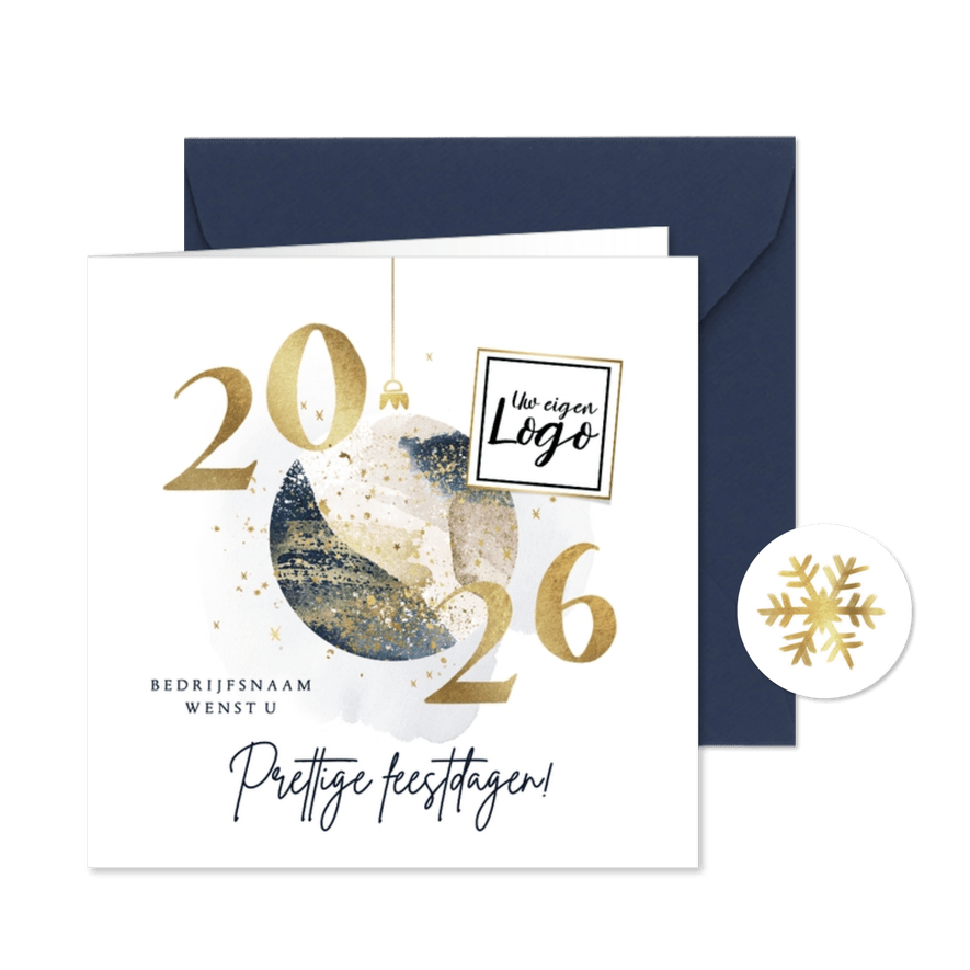 Kerstkaart relatie stijlvol kerstbal watercolour goud 2026 - Kaartimpressie