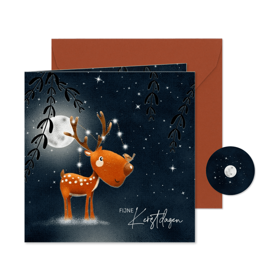 Kerstkaart rendier gewei met kerstlampjes - Kaartimpressie