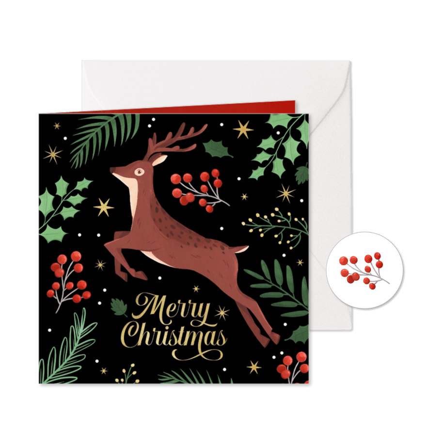 Kerstkaart rendier illustratie kersttakjes merry christmas - Kaartimpressie