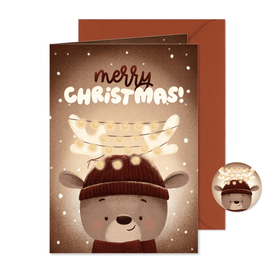 Kerstkaart rendier kerstlampjes sneeuw Merry Christmas - Kaartimpressie