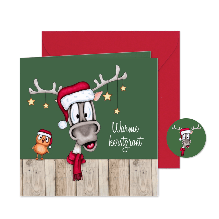 Kerstkaart Rendier met sjaal en vogel - Kaartimpressie