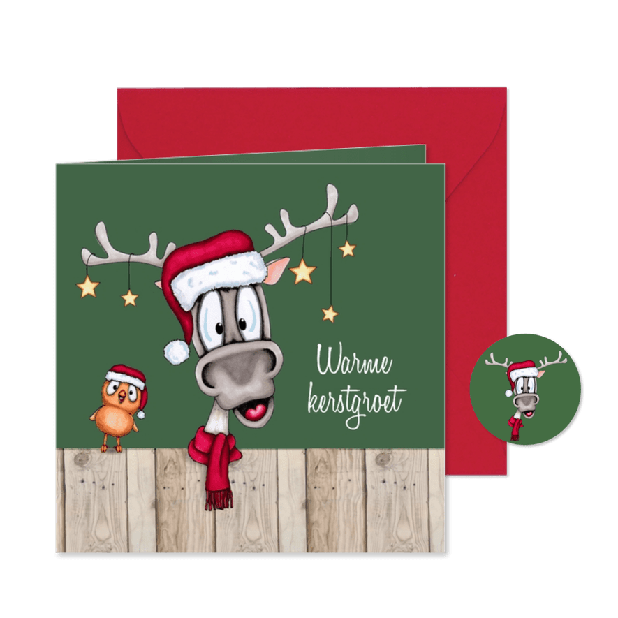 Kerstkaart Rendier met sjaal en vogel - Kaartimpressie