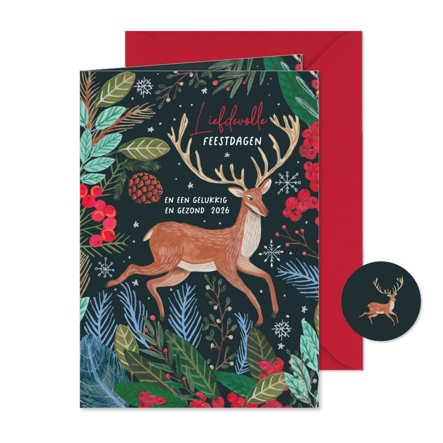 Kerstkaart Rendier met sneeuwvlokken en rode bessen - Kaartimpressie