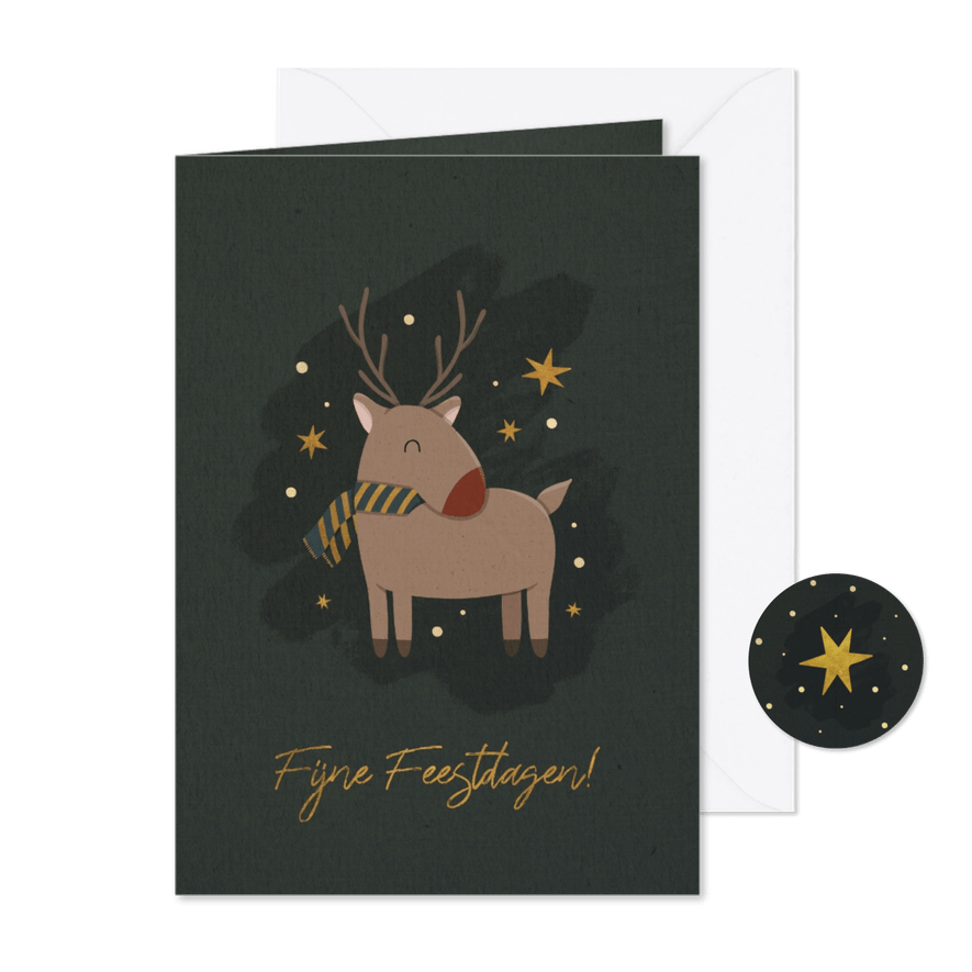 Kerstkaart rendier met sterren en fijne feestdagen - Kaartimpressie