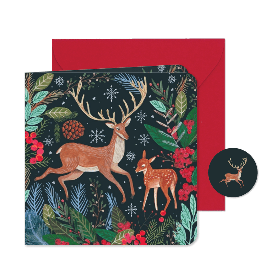 Kerstkaart Rendier tussen kersttakjes met sneeuw en besjes - Kaartimpressie