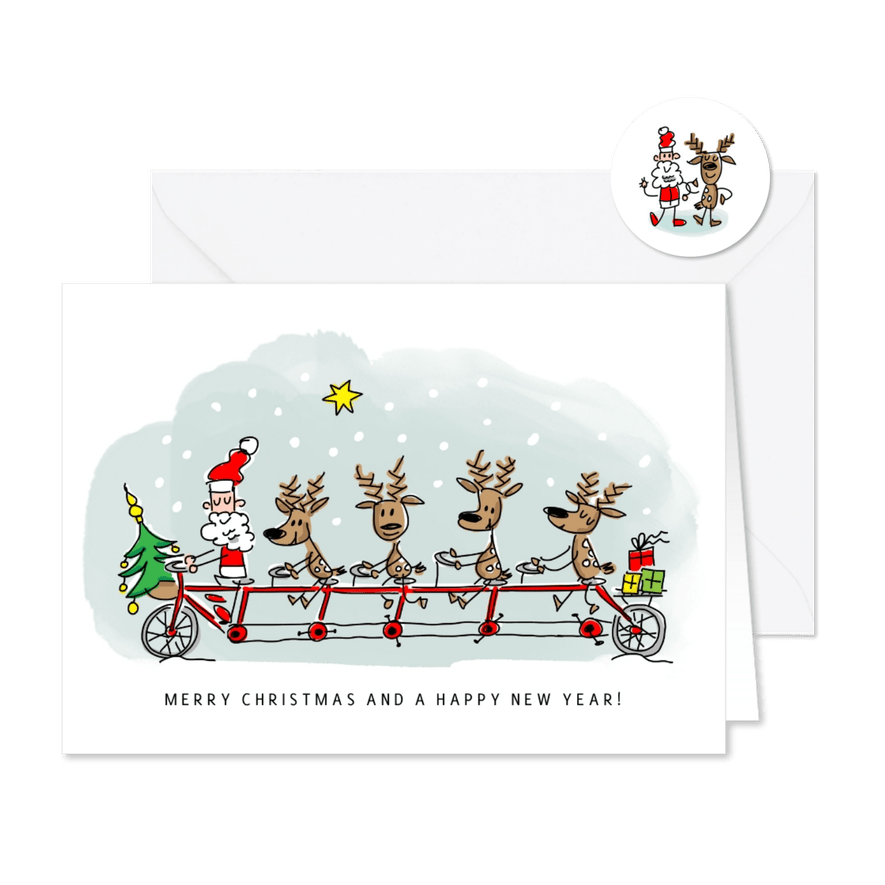 Kerstkaart rendieren en kerstman samen op een tandem - Kaartimpressie