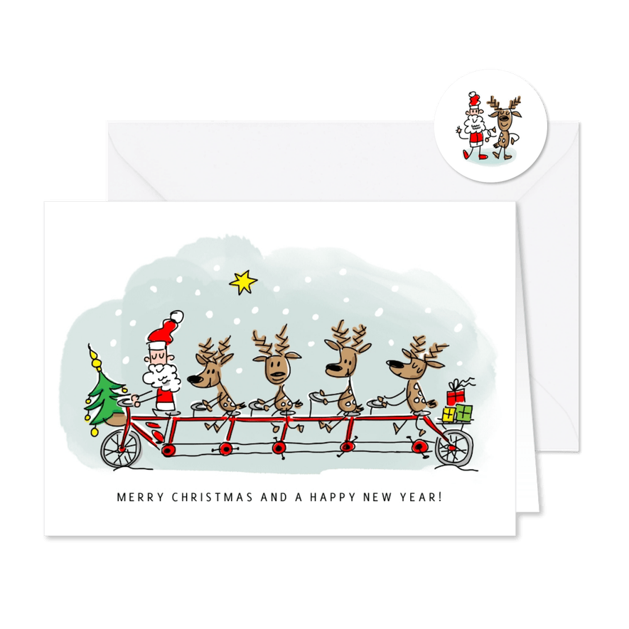 Kerstkaart rendieren en kerstman samen op een tandem - Kaartimpressie