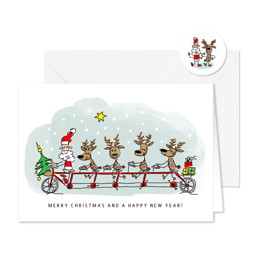 Kerstkaart rendieren en kerstman samen op een tandem - Kaartimpressie