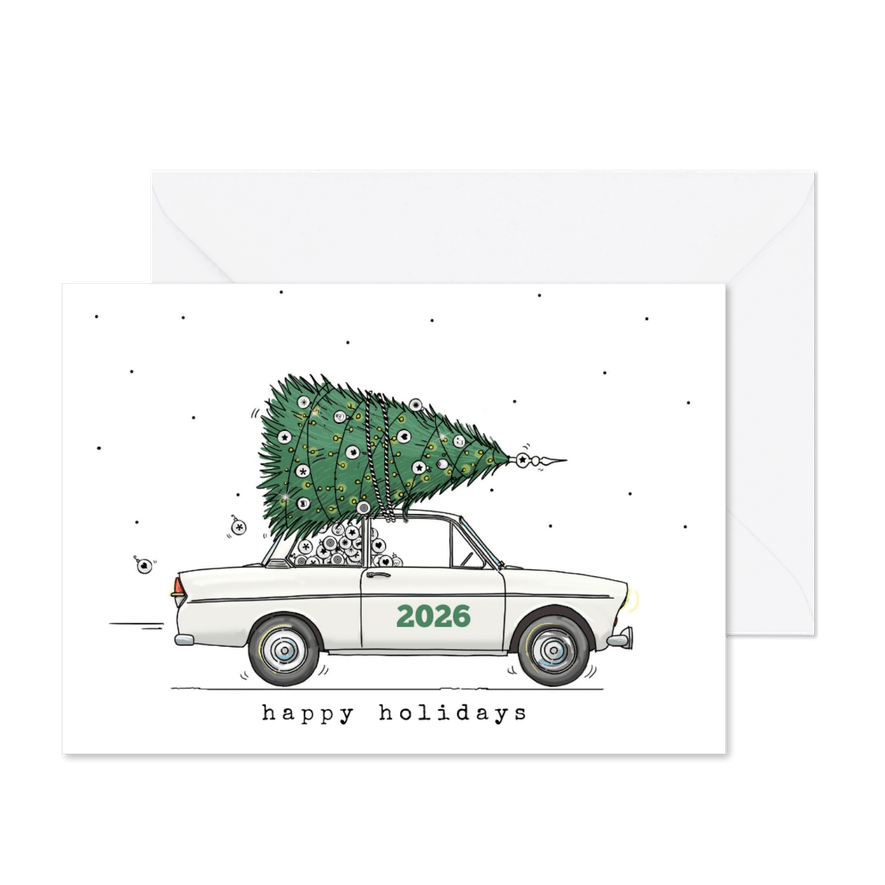 Kerstkaart retro auto wit - Kaartimpressie