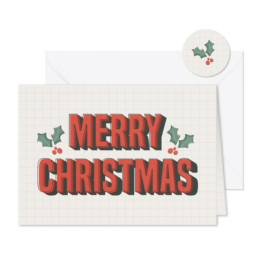 Kerstkaart retro merry christmas rood groen hulst - Kaartimpressie