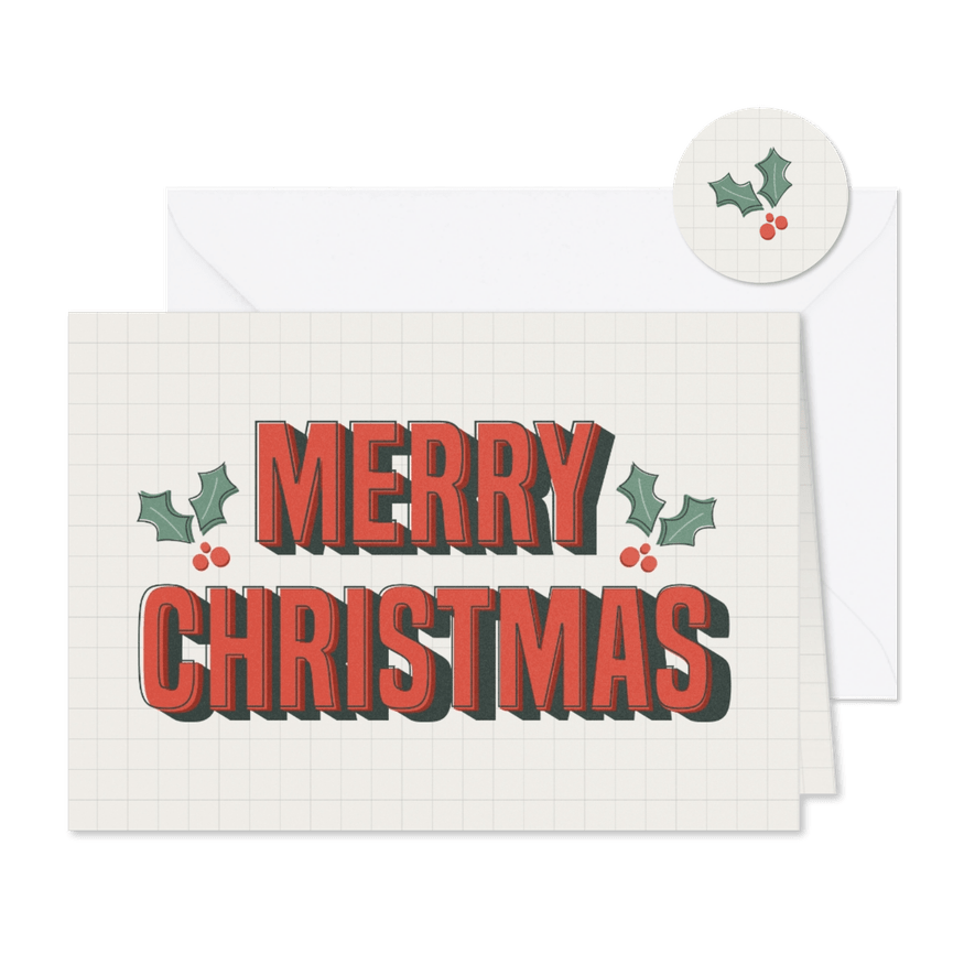 Kerstkaart retro merry christmas rood groen hulst - Kaartimpressie