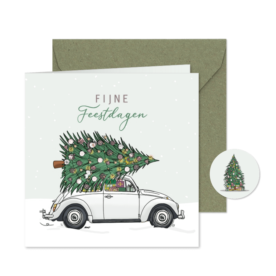 Kerstkaart retro volkswagen kever wit met kerstboom - Kaartimpressie