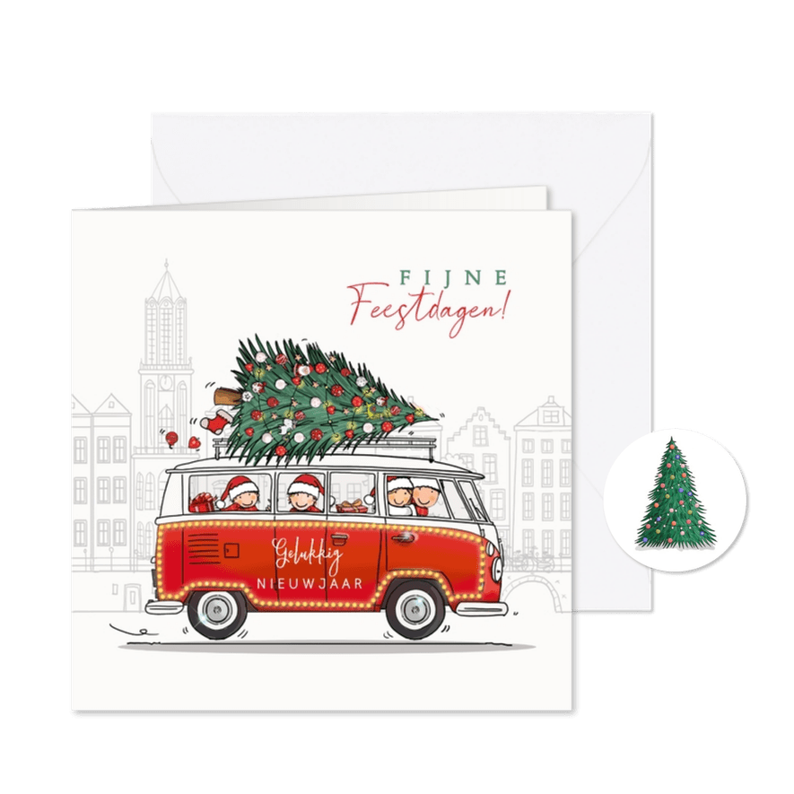 Kerstkaart retrobus rood met gezin - Kaartimpressie