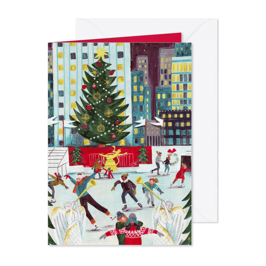Kerstkaart Rockefeller center New York schaatsen op ijs - Kaartimpressie
