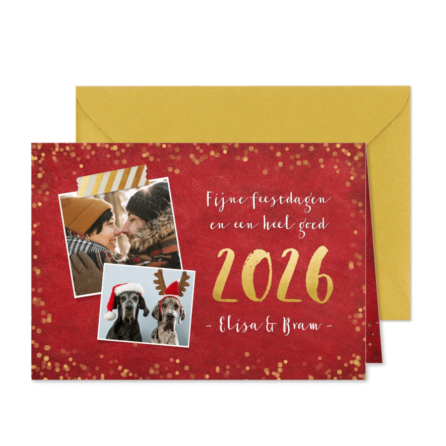 Kerstkaart rode achtergrond met gouden confetti en 2 foto's - Kaartimpressie