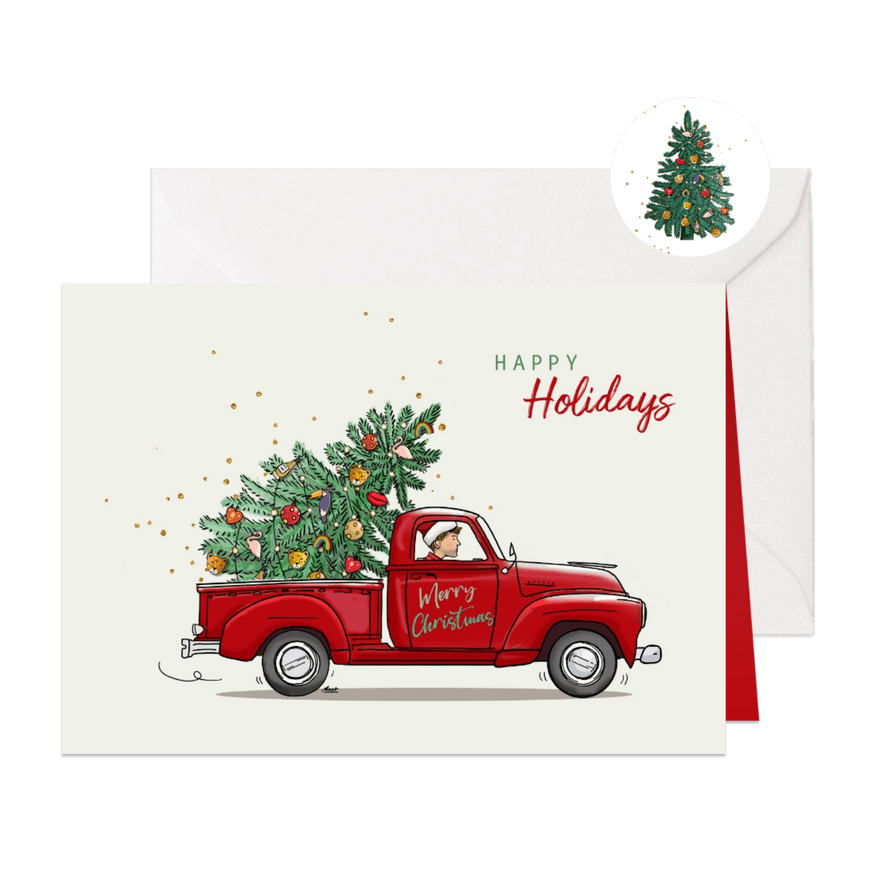 Kerstkaart rode Amerikaanse pickup - Kaartimpressie