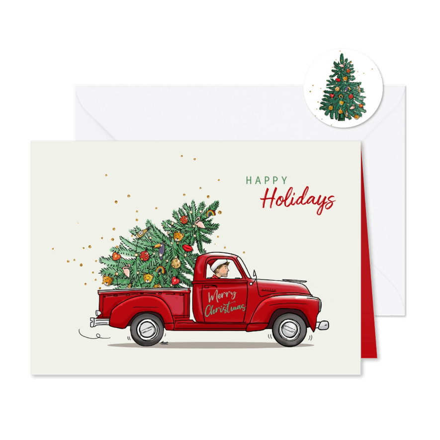 Kerstkaart rode Amerikaanse pickup - Kaartimpressie