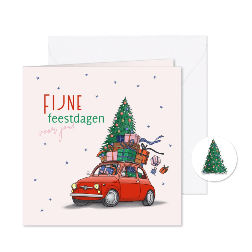 Kerstkaart rode auto met kerstboom - Kaartimpressie