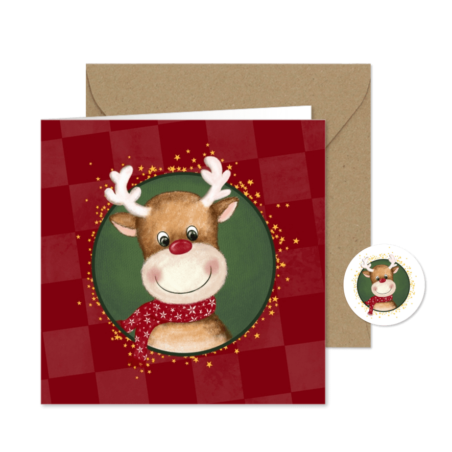 Kerstkaart rode blokken met rendier - Kaartimpressie