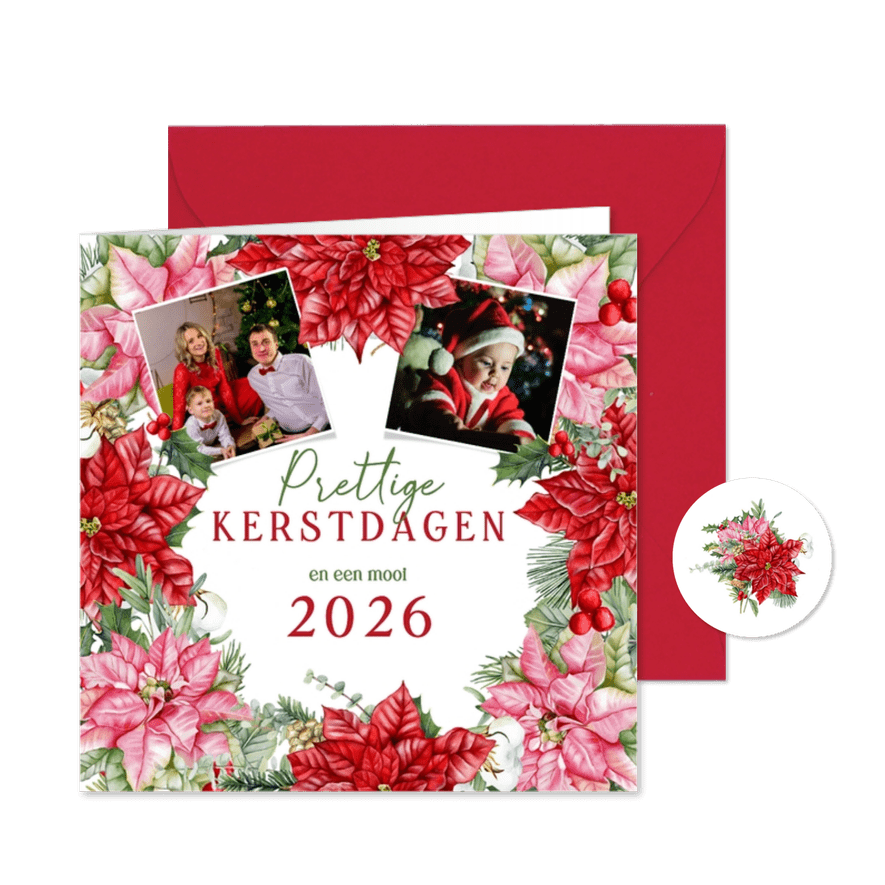 Kerstkaart rode en roze kerstbloemen kerstster - Kaartimpressie