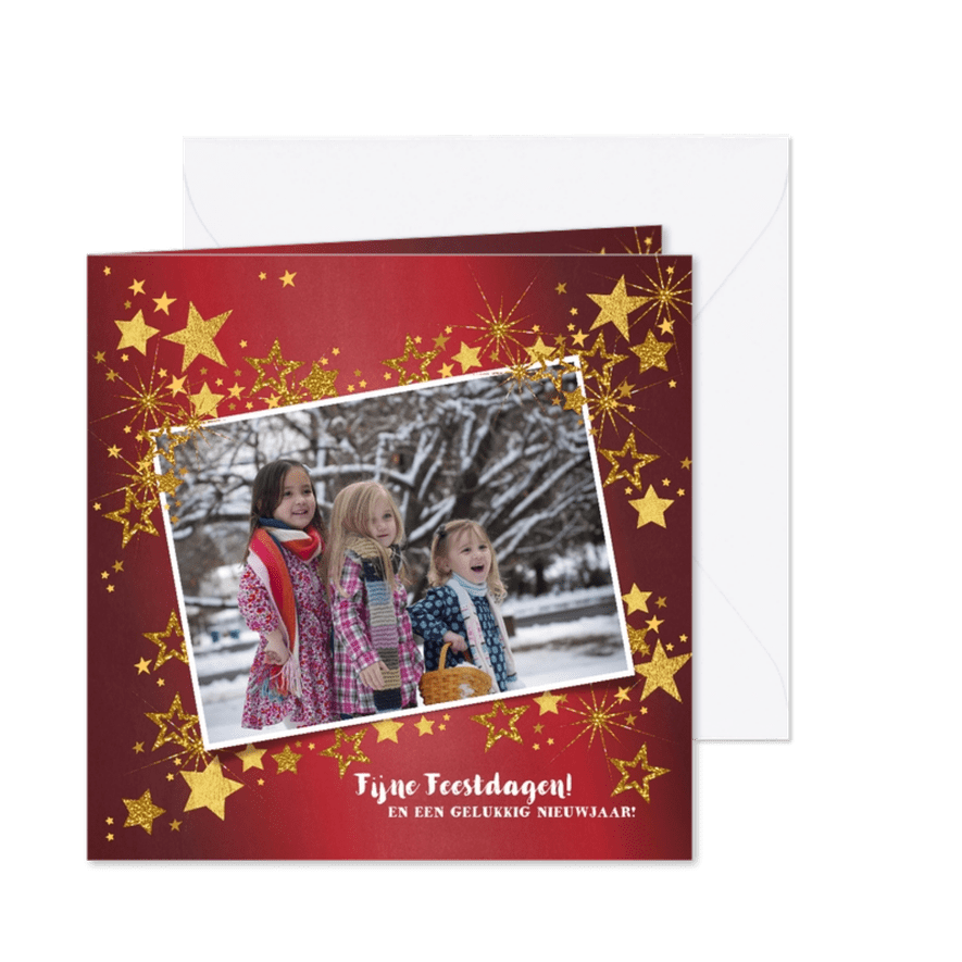 Kerstkaart rode feestelijk fotokaart gouden sterren  - Kaartimpressie