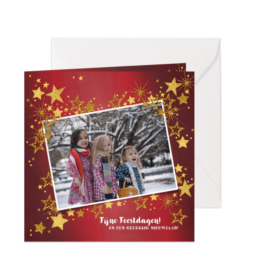 Kerstkaart rode feestelijk fotokaart gouden sterren  - Kaartimpressie