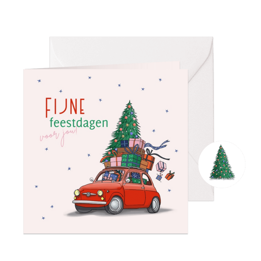 Kerstkaart rode fiat 500 met kerstboom - Kaartimpressie