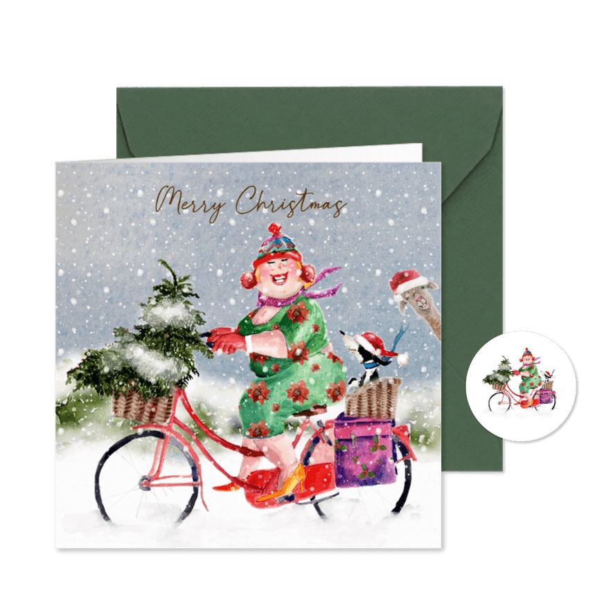 Kerstkaart rode fiets in de sneeuw - Kaartimpressie