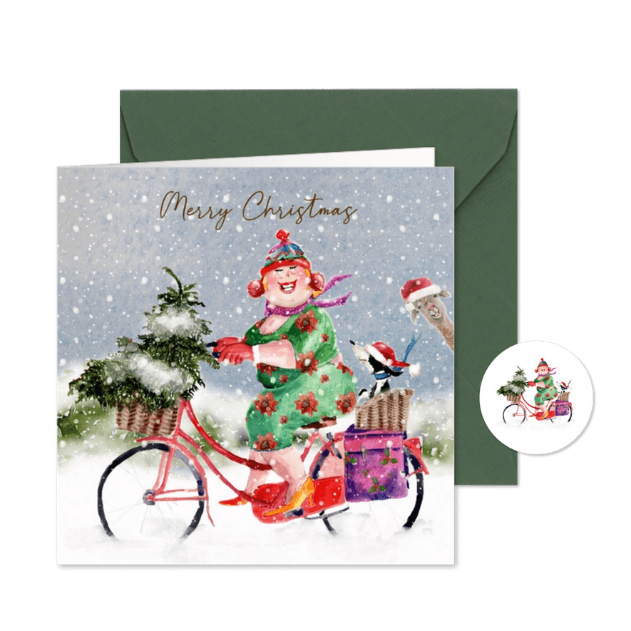 Kerstkaart rode fiets in de sneeuw - Kaartimpressie