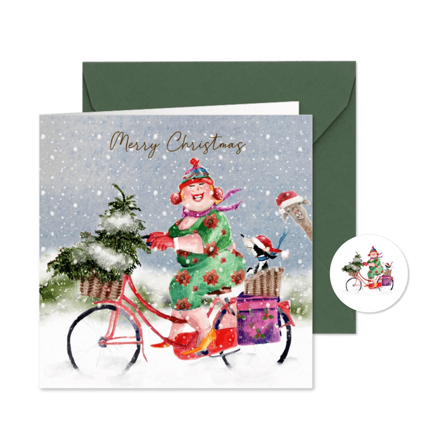 Kerstkaart rode fiets in de sneeuw - Kaartimpressie
