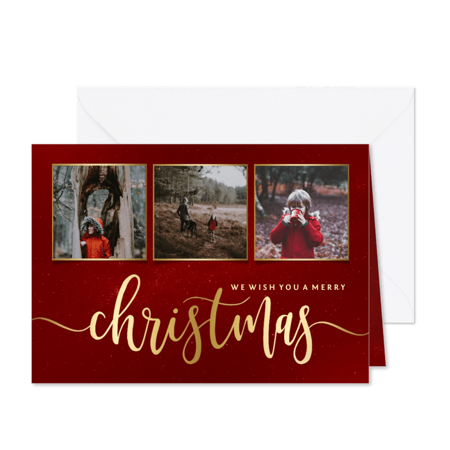 Kerstkaart rode galaxy met gouden accenten en foto's - Kaartimpressie