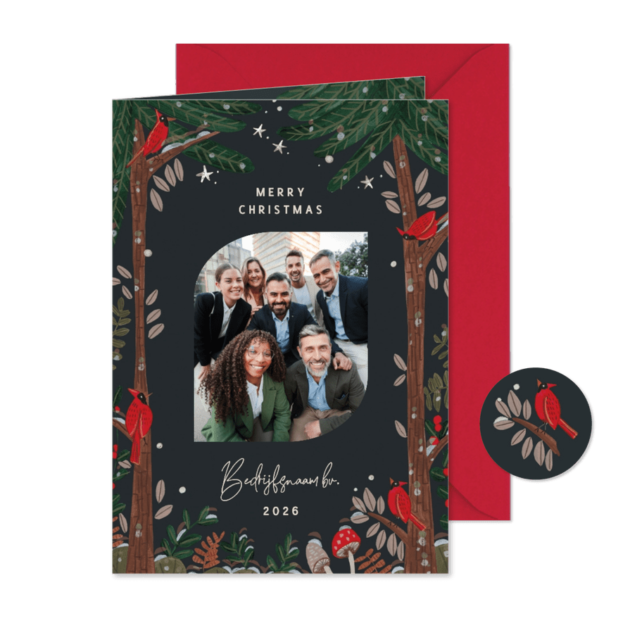 Kerstkaart rode kardinalen in de kerstnacht - Kaartimpressie