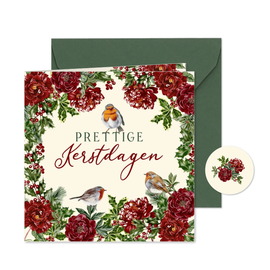 Kerstkaart rode pioenrozen met hulst en roodborstjes - Kaartimpressie