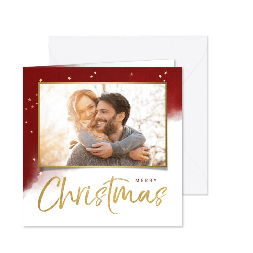 Kerstkaart rode waterverf met sterren en grote foto - Kaartimpressie
