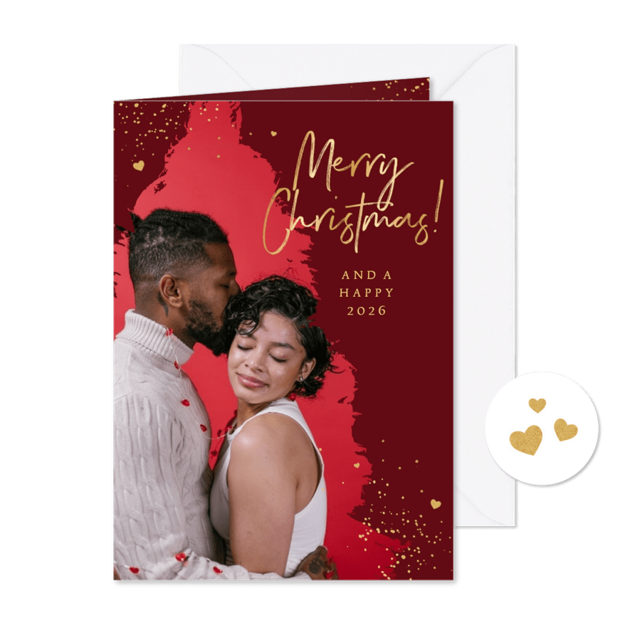 Kerstkaart romantisch kerstboom hartjes goud foto - Kaartimpressie