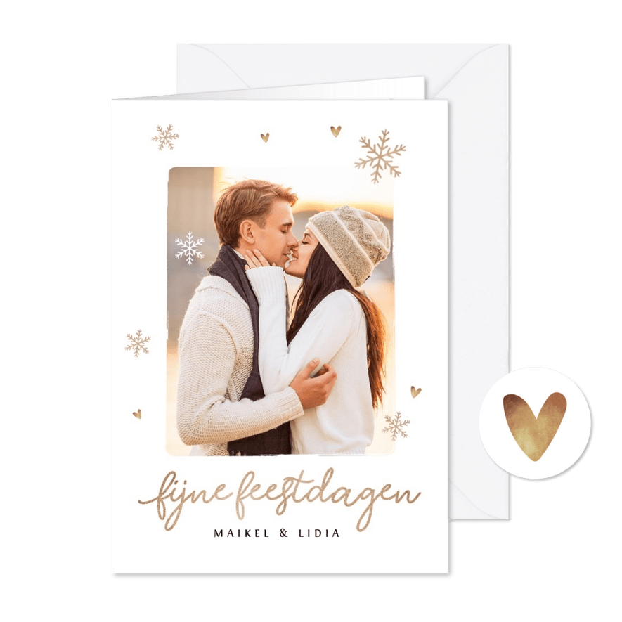 Kerstkaart romantisch met sneeuwvlokjes hartjes en foto - Kaartimpressie