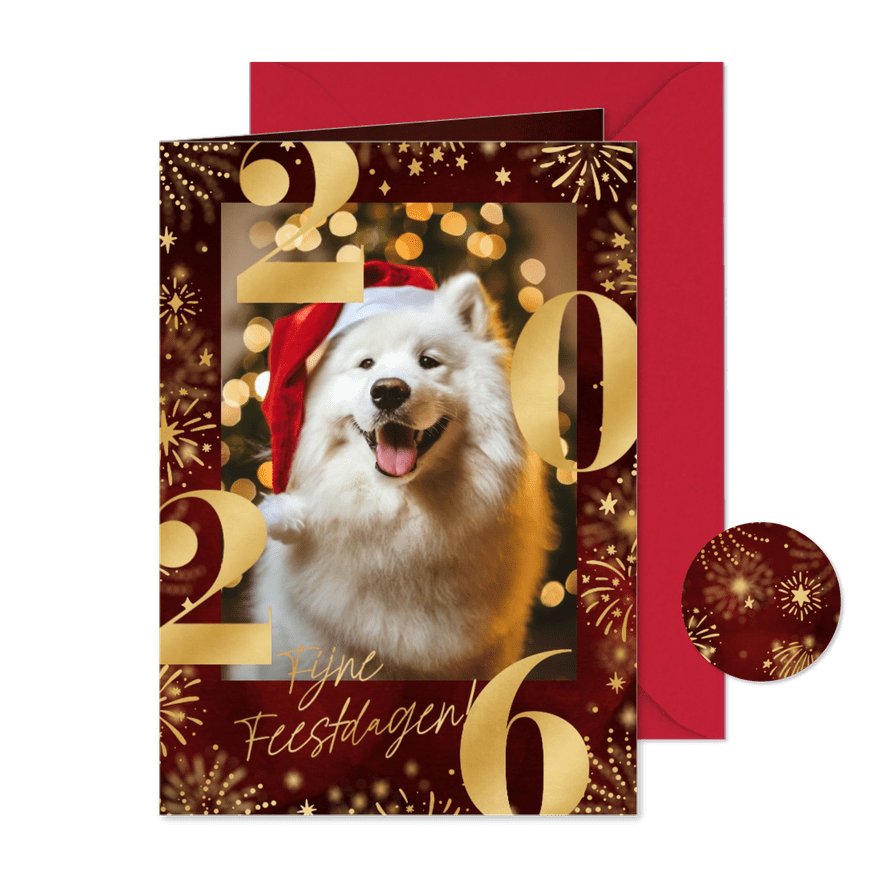 Kerstkaart rood 2026 met foto vuurwerk en sterren - Kaartimpressie