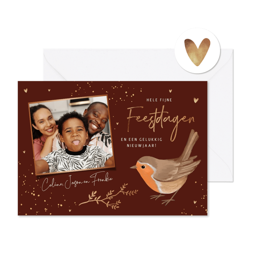 Kerstkaart rood fijne feestdagen roodborstje foto hartjes - Kaartimpressie