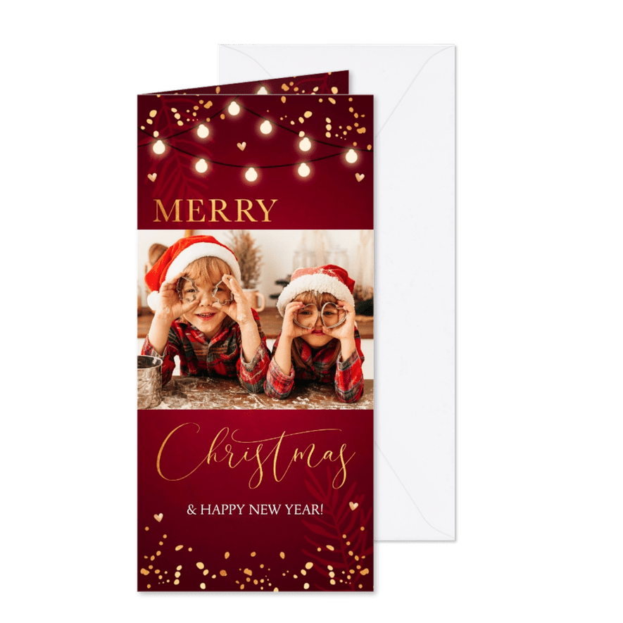 Kerstkaart rood foto lampjes confetti goudlook - Kaartimpressie